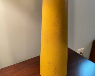 D67 - $30 PAIR of yellow leather wrapped lamps with Chrome accepts.  Leather has scratches/ marks, dents. Shows heavy use. Shades are ok. Measures 30.5" tall. 