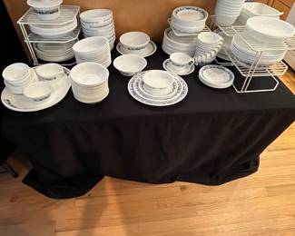D55 - $250. Large Old Town Blue by Corelle dish set. Some plain white pieces mixed in but mostly Blue & White. 