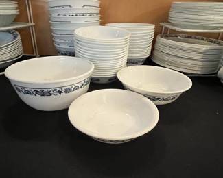 D55 - $250. Large Old Town Blue by Corelle dish set. Some plain white pieces mixed in but mostly Blue & White. 