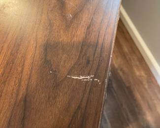 D69 - $30. Vintage Couch Table with Shelves. Measures 47" wide x 13" deep x 43.5" tall. Sturdy & Heavy! Wax paper is stuck inside on the bottom of the cabinet. 