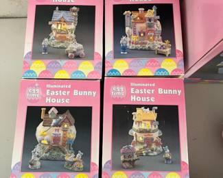 D120 - $35. Vintage Egg Time Easter Collection. 4 Illuminated Bunny Houses. 2 - 3 Pc Scenes. 1 Easter Tree. 