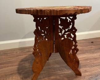D63 - $40. Carved Wooden Table / Plant Stand with removable base. Inlay design on the top. Measures 15" across x 15.5" tall. 