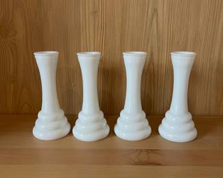 D185 - $20. Set of 4 Milk glass Vases. 6" tall. 