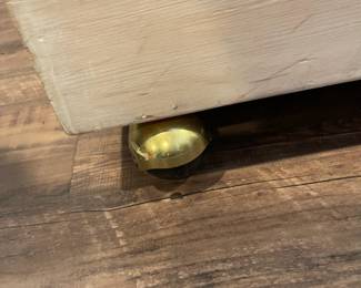 D64 - $30. Wooden Toy Storage Box on Wheels. Measures 44" wide x 23.25" deep x 14.5" tall. Stenciled floral top. Does NOT have safety hardware!