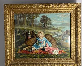 D15 - $85. Beautifully Framed Print of Victorian Print in excellent condition. Girl & St. Bernard Dog "Wide Awake" Measures 25.75" x 21.75". 