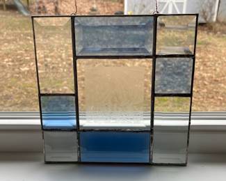 D9 - $25. 8" square stained glass. Light blue, frosty clear & clear. 