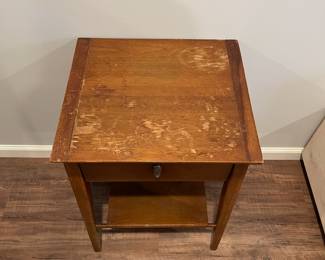 D68 - $25. Single Drexel Side Table. Measures 18" x 16" deep x 26" tall. Water damage on the top and a few minor veneer chips. Great project piece!