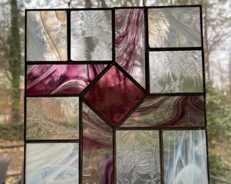 D7 - $25. 8" square Stained Glass. Purple, Clear & White. 