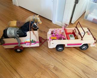 D138 - $50. Vintage Barbie Jeep & Horse Trailer with accessories. 