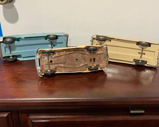 D97 - $65. Lot of 3 Promo Cars.  Left. 1954 Ideal Pontiac Star Chief Detroit Michigan. Middle 1954 Pontiac Chieftain Coupe Dealer Promo. Right - 1956 Johan Pontiac Star Chief Dealer Promo. 4 Door Hardtop.  