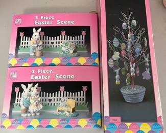 D120 - $35. Vintage Egg Time Easter Collection. 4 Illuminated Bunny Houses. 2 - 3 Pc Scenes. 1 Easter Tree. 