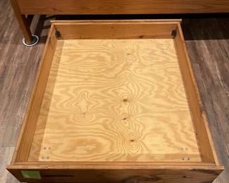 D76 - $150. Wooden Bunk Bed with Ladder & Drawer. Includes 2 regular twin mattresses but it is long enough to fit twin XL. Can be used as individual beds as well if you don't want them stacked. Measures 83" x 43" x 65" tall.  Located in a walk out basement but you will need 2 people to disassemble and move out!