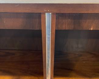 D69 - $30. Vintage Couch Table with Shelves. Measures 47" wide x 13" deep x 43.5" tall. Sturdy & Heavy! Wax paper is stuck inside on the bottom of the cabinet. 
