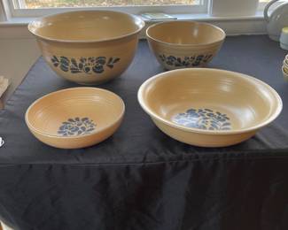 D149 - $60. Pfaltzgraff 4Pc. Folk Art Bowl Set. Large shallow bowl has a chip - The other 3 are in great shape!