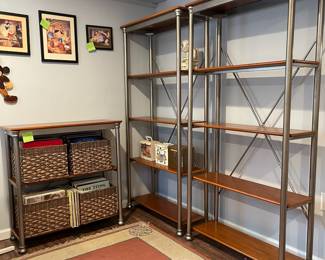 D61 - $75 Each Tall Shelving Units. Sturdy Metal Frame with wooden shelves. Measures 37.5" wide x 15.5" deep x 76" tall. 
