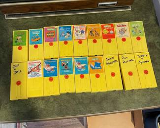 D74 - $50. Fisher Price Movie Viewer Theater. Needs adjustments but it does work! Powers on, rotates, movie is visible. Includes 18 cartridges. 