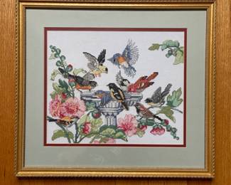 D5 - $30. Bird Cross Stitch from 1997. Measures 18.25" x 16.25" Framed. 