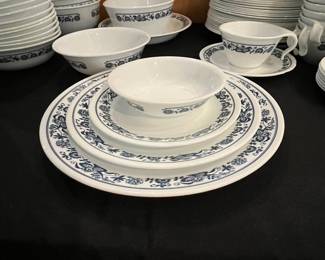 D55 - $250. Large Old Town Blue by Corelle dish set. Some plain white pieces mixed in but mostly Blue & White. 