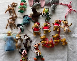 D122 - $25. Vintage Mixed Lot of Disney Plastic Flocked Ornaments. 19 pcs. 