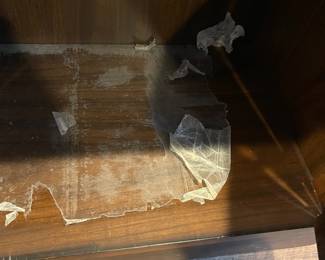 D69 - $30. Vintage Couch Table with Shelves. Measures 47" wide x 13" deep x 43.5" tall. Sturdy & Heavy! Wax paper is stuck inside on the bottom of the cabinet. 