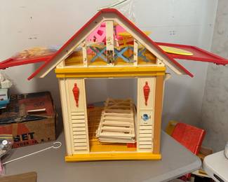 D167 - $60. 1982 Barbie Dream Cottage. Was played with and has stickers / residue but I don't see any broken pieces. 