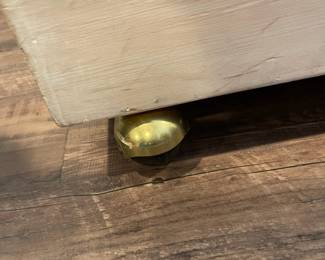 D64 - $30. Wooden Toy Storage Box on Wheels. Measures 44" wide x 23.25" deep x 14.5" tall. Stenciled floral top. Does NOT have safety hardware!