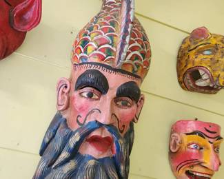 Vintage Mexican Folk Art Carved Wooden Mask 'Barbones Alebrije'