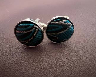 Teal Geometric Fabric Inlay Cufflinks