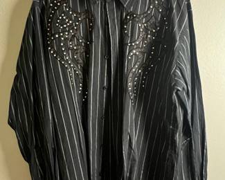 Frankie D's Black Striped Rhinestone Embellished Button-Down Shirt