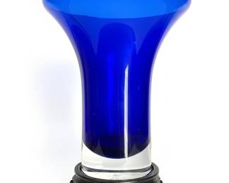 Vintage Blenko Cobalt Blue Art Glass Vase with Wooden Stand