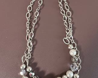 Silver-Tone Multi-Strand Necklace with Faux Pearls, Crystal Beads, and Filigree Beads