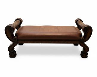  American Empire Style Carved Mahogany Leather Upholstered Bench