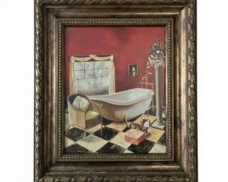 Vintage Bathroom Scene Art with Ornate Frame