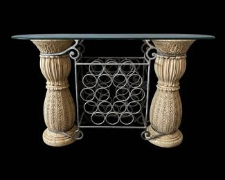Ornate Pedestal Wine Rack Console Table with Glass Top
