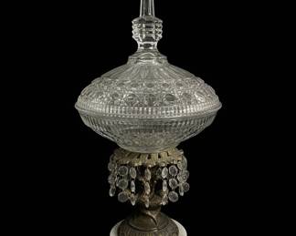 Antique Crystal Candy Dish with Dangle Prisms and Metal Base