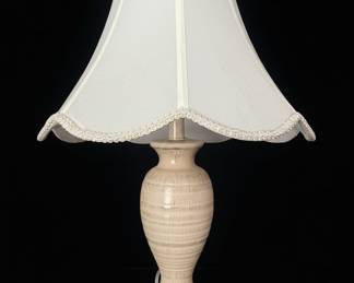 Vintage Ribbed Ceramic Table Lamp with Scalloped Fabric Shade