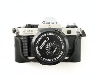 Canon AE-1 Program 1984 Olympic Games Edition 35mm Film Camera with Speedlite 188A Flash and Kalimar 70-210mm f/4 Macro Zoom Lens