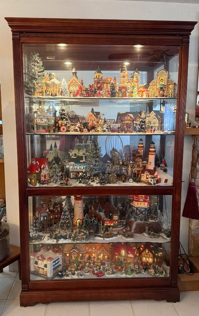 5 shelves of Ace Hardware Christmas Village and Disney Scenes including beautiful lighted cabinet - all for $1,100.