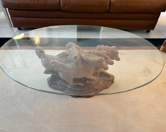 Ceramic base stallion table w/oval glass top