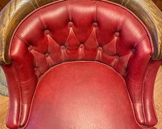Red Tufted Leather Swivel Bar Stool with Carved Wood Accents second image