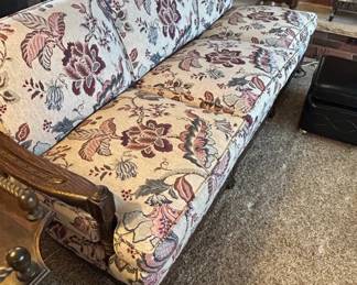 Vintage Floral Upholstered Sofa with Carved Wood Frame