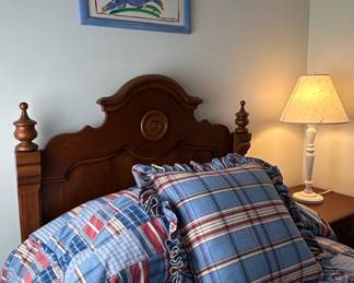 Vintage Wooden Headboard with Blue Plaid Quilt Set and Folk Art