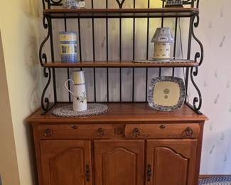 Vintage Oak Buffet with Hutch and Wrought Iron Accents