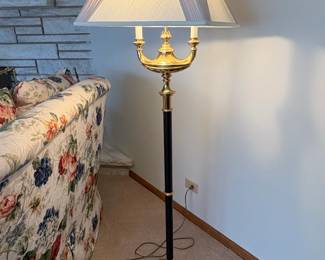 Brass and Black Column Floor Lamp with Pleated Shade