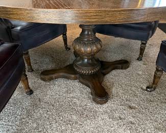 Vintage Oak Pedestal Dining Table with Four Leather Upholstered Barrel Chairs second image