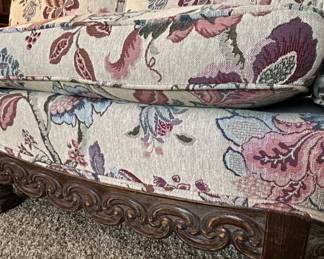 Vintage Floral Upholstered Sofa with Carved Wood Frame second image