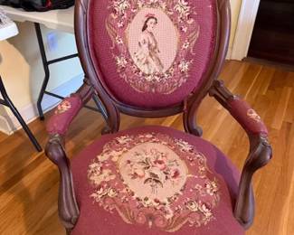 Victorian-style parlor chair w/needlepoint upholstery 
