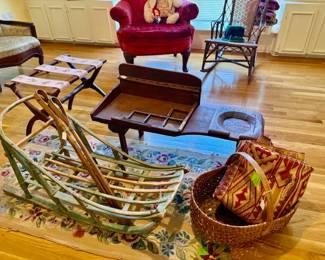 Vintage wooden sled, cobbler's bench, and more