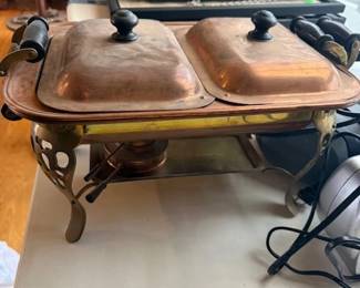 Vintage copper double chafing dish with brass stand 