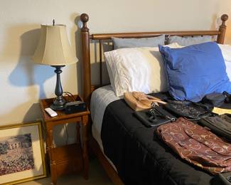 Vintage bedframe, beautiful side, tables, lamps, etc.